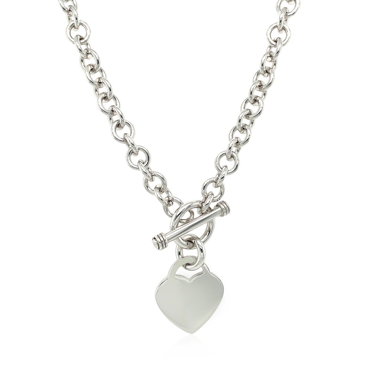 Sterling Silver Rhodium Plated Rolo Chain Necklace with a Heart Toggle Charm Bids.com