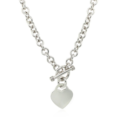 Sterling Silver Rhodium Plated Rolo Chain Necklace with a Heart Toggle Charm Bids.com