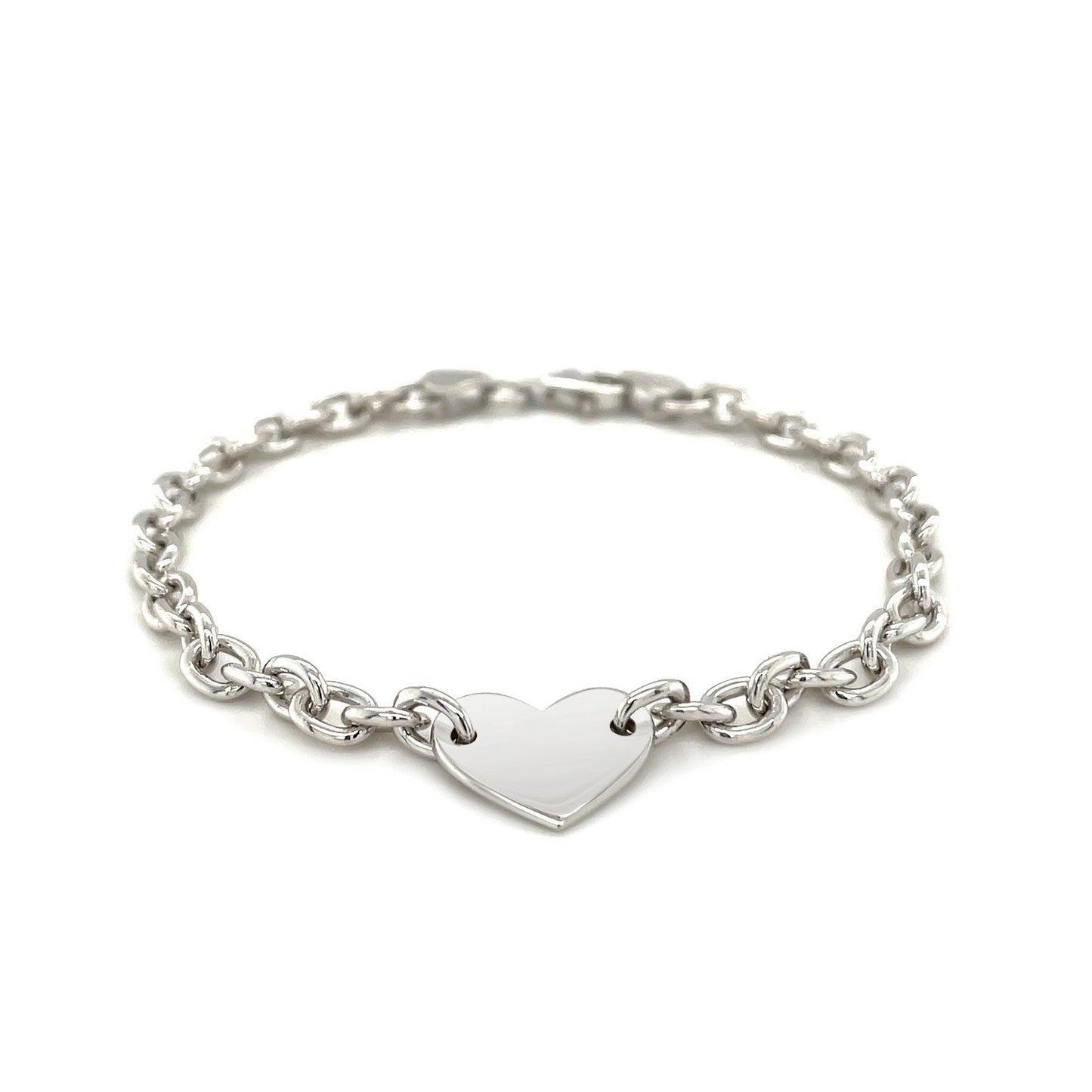 Sterling Silver Rhodium Plated Chain Bracelet with a Flat Heart Station Bids.com