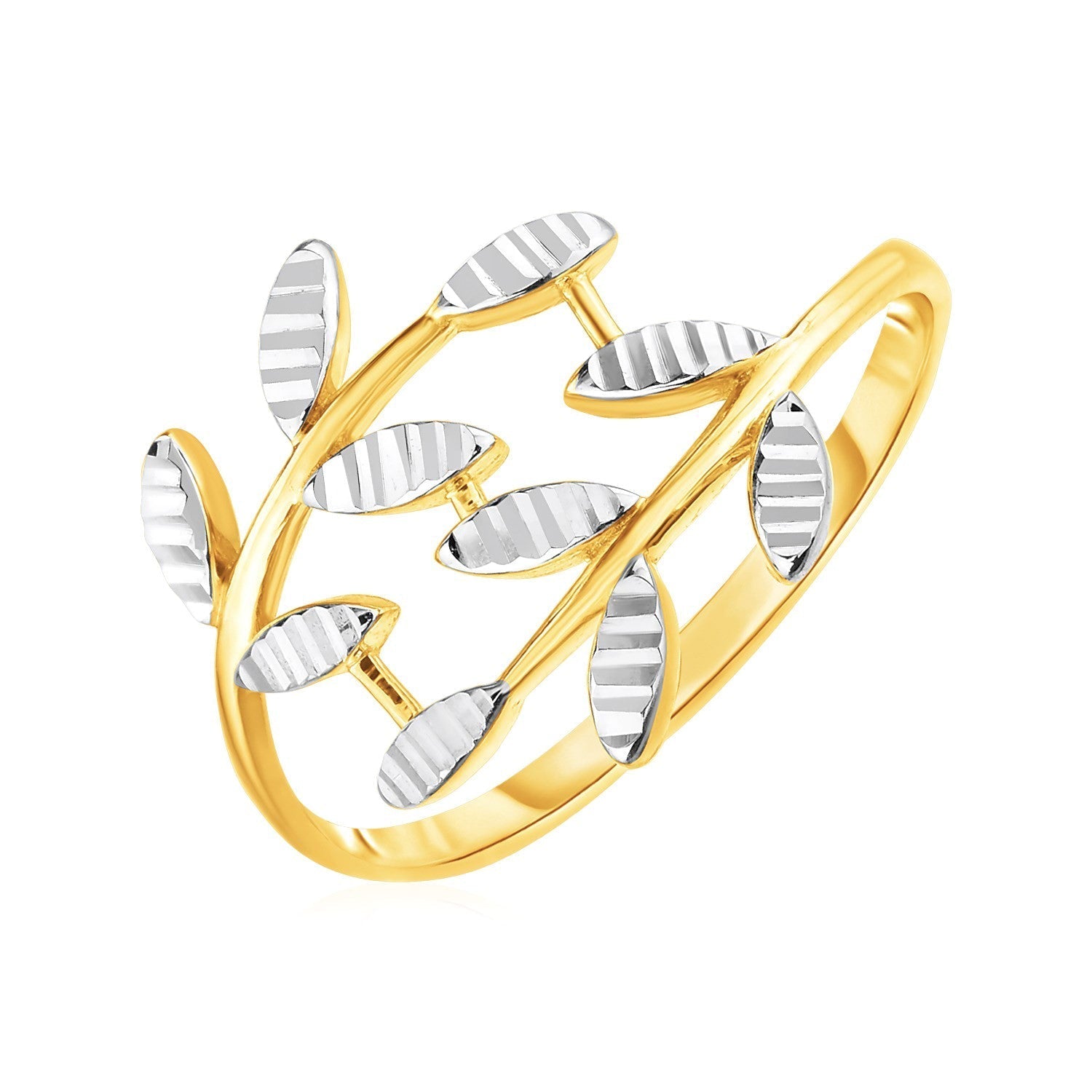 14k Two Tone Gold Crossover Ring with Textured Leaves Bids.com