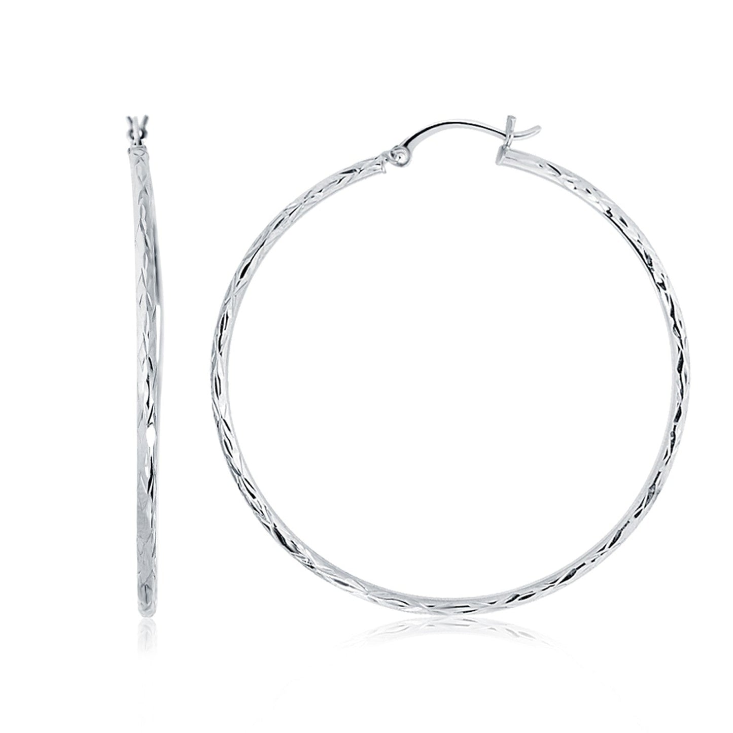 14k White Gold Diamond Cut Hoop Earrings (1 3/4 inch Diameter) Bids.com
