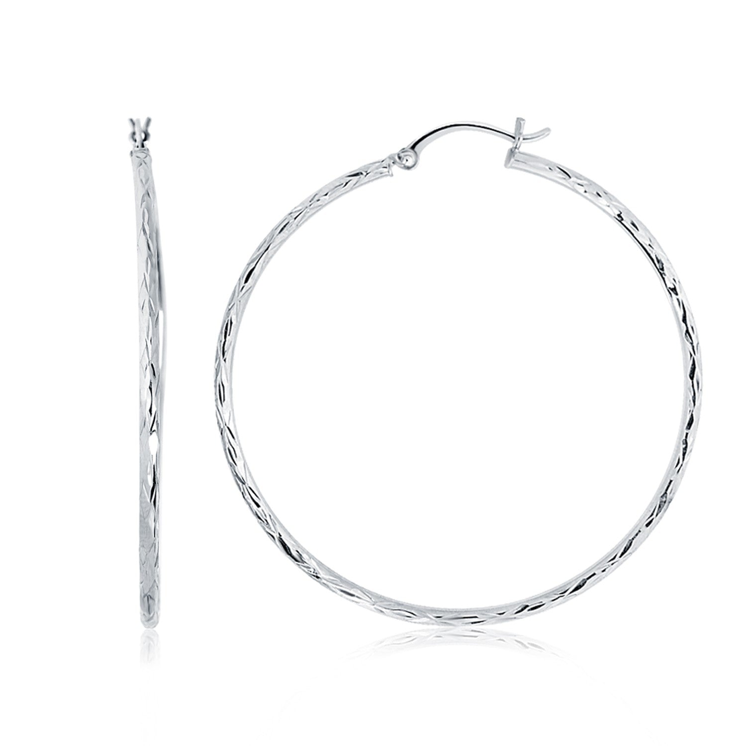 14k White Gold Diamond Cut Hoop Earrings (1 3/4 inch Diameter) Bids.com