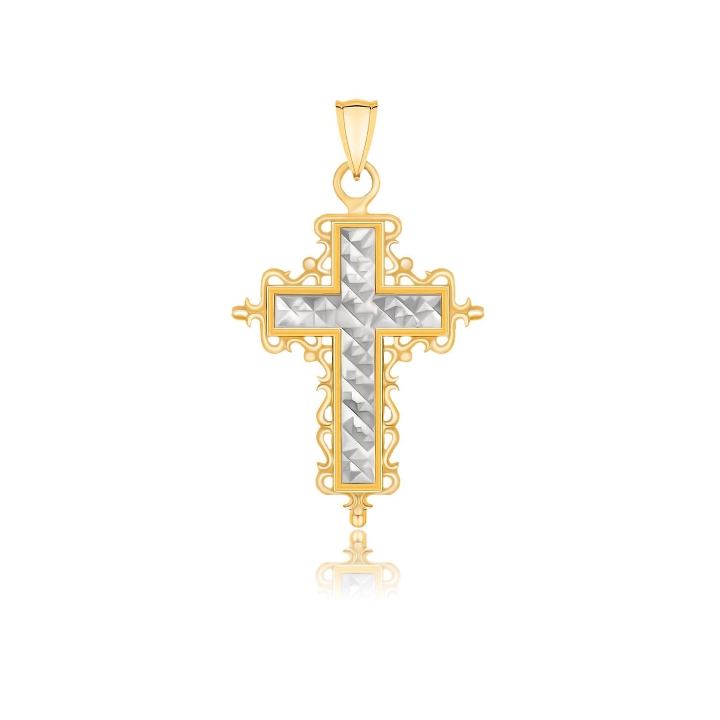 14k Two-Tone Gold Diamond Cut and Baroque Inspired Cross Pendant Bids.com