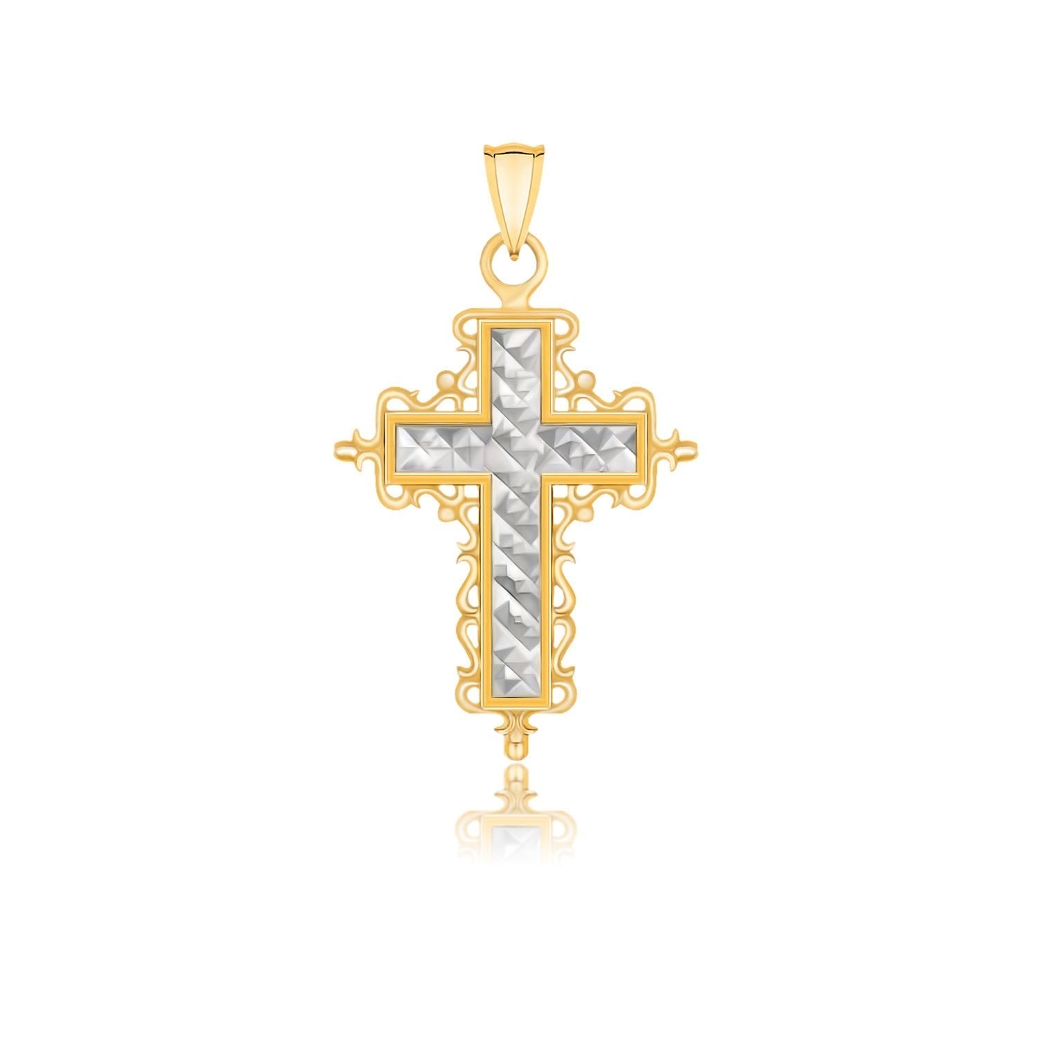 14k Two-Tone Gold Diamond Cut and Baroque Inspired Cross Pendant Bids.com