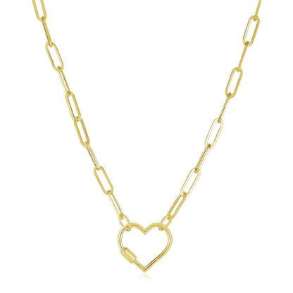 14k Yellow Gold Paperclip Chain Necklace with Heart Carabiner Clasp Bids.com