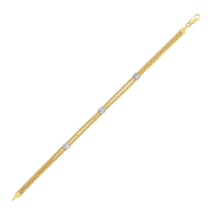 14k Two-Tone Gold Dual Wheat Chain Bracelet with Diamond Stations (.02 cttw) Bids.com