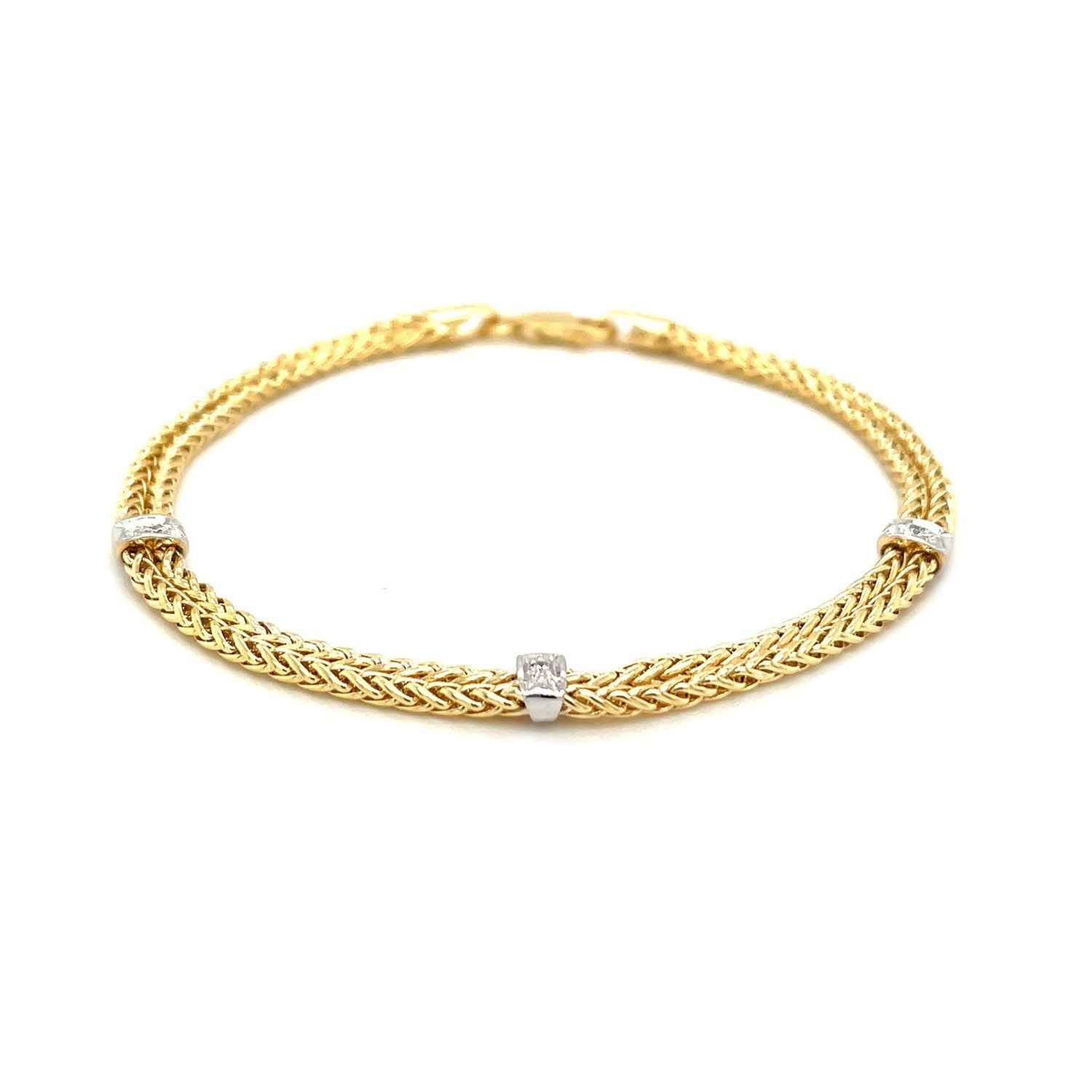 14k Two-Tone Gold Dual Wheat Chain Bracelet with Diamond Stations (.02 cttw) Bids.com