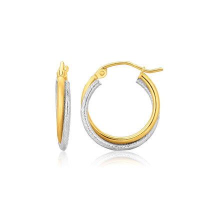 14k Two Tone Gold Double Polished and Textured Hoop Earrings Bids.com