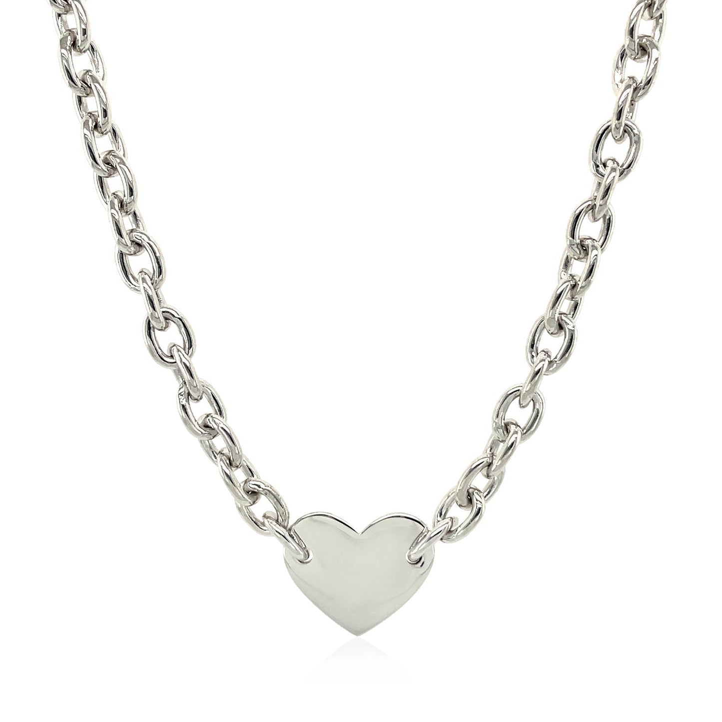 Sterling Silver Rhodium Plated Chain Bracelet with a Flat Heart Motif Station Bids.com