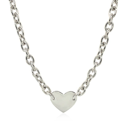 Sterling Silver Rhodium Plated Chain Bracelet with a Flat Heart Motif Station Bids.com