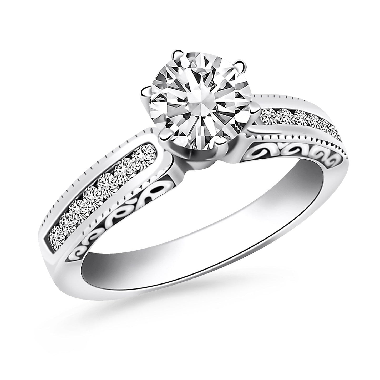 14k White Gold Channel Set Engagement Ring with Engraved Sides Bids.com