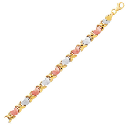 14k Tri-Color Gold Fancy Satin Heart Line Bracelet Bids.com