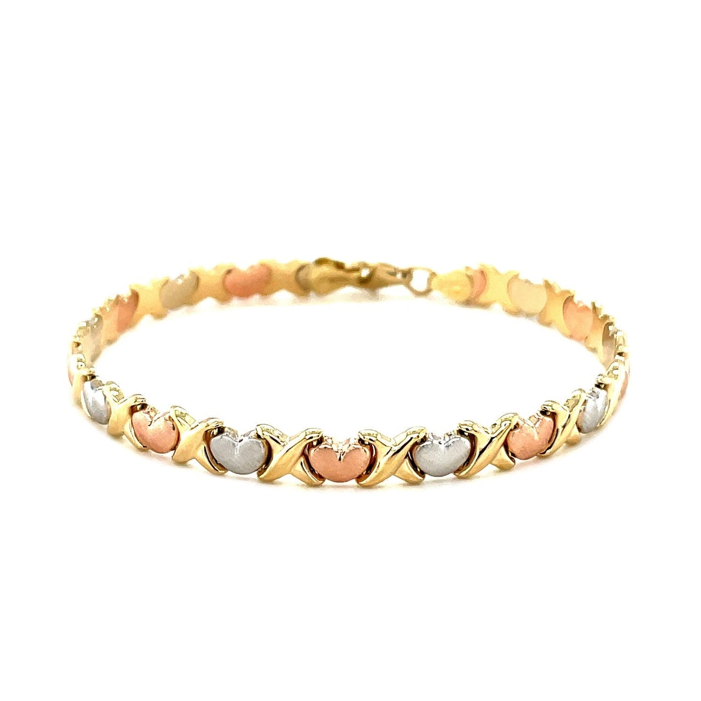 14k Tri-Color Gold Fancy Satin Heart Line Bracelet Bids.com