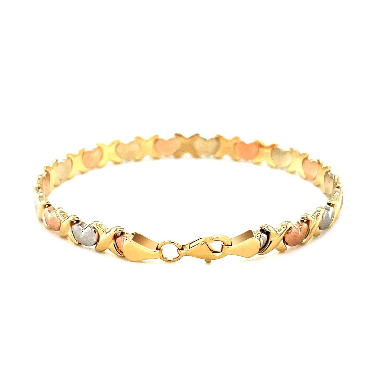 14k Tri-Color Gold Fancy Satin Heart Line Bracelet Bids.com