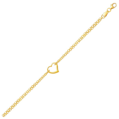 14k Yellow Gold Double Rolo Chain Anklet with an Open Heart Station Bids.com