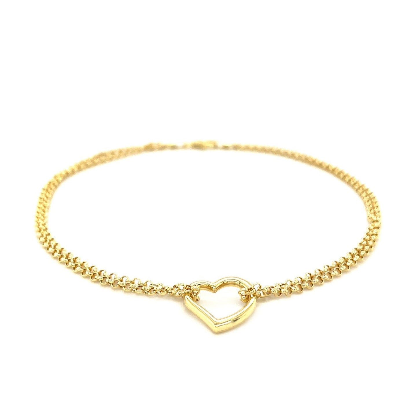 14k Yellow Gold Double Rolo Chain Anklet with an Open Heart Station Bids.com