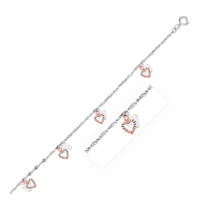 14k White and Rose Gold Anklet with Dual Heart Charms Bids.com