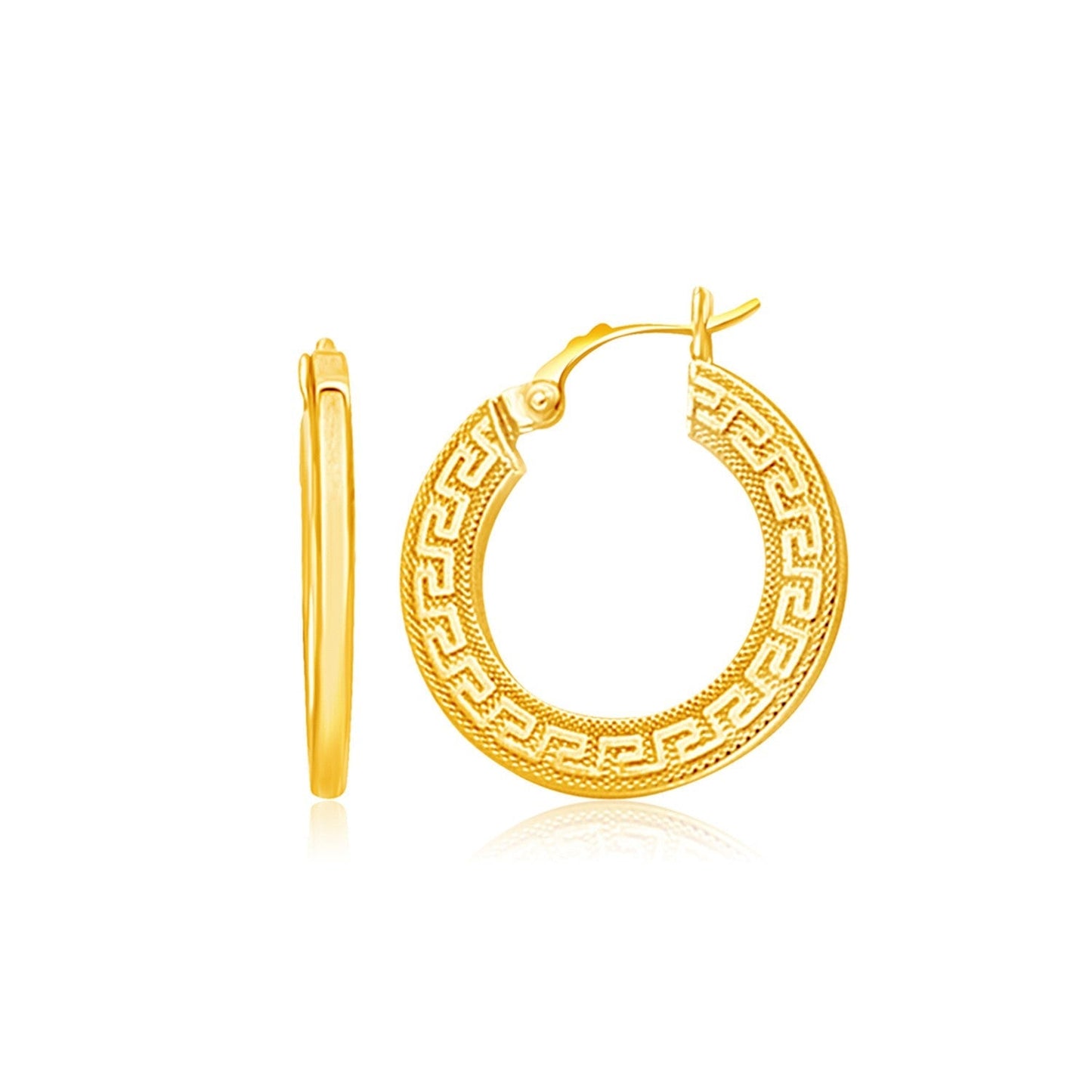 14k Yellow Gold Greek Key Medium Hoop Earrings with Flat Sides Bids.com