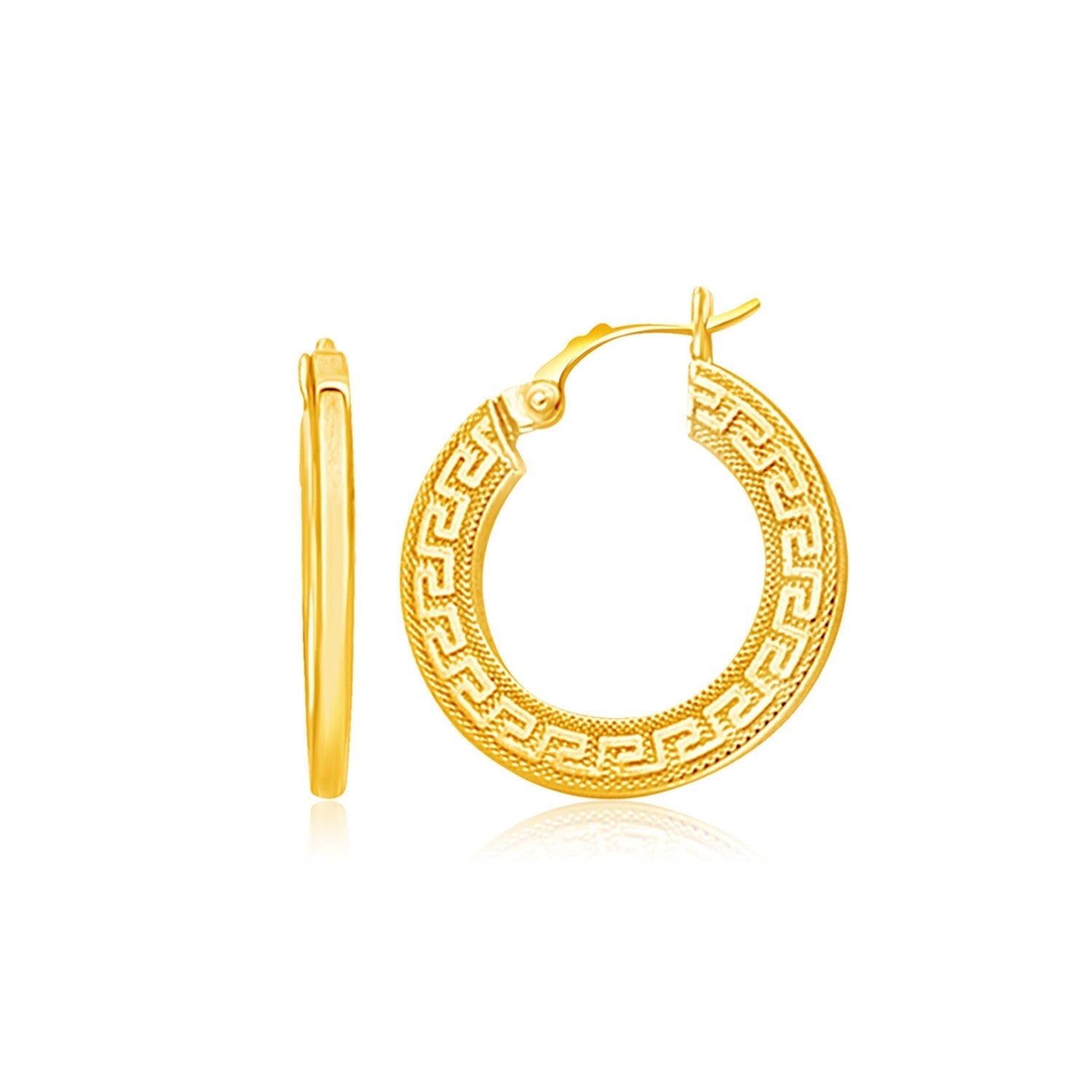 14k Yellow Gold Greek Key Medium Hoop Earrings with Flat Sides Bids.com
