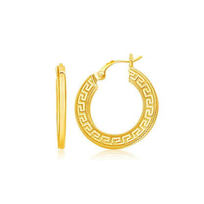 14k Yellow Gold Greek Key Medium Hoop Earrings with Flat Sides Bids.com