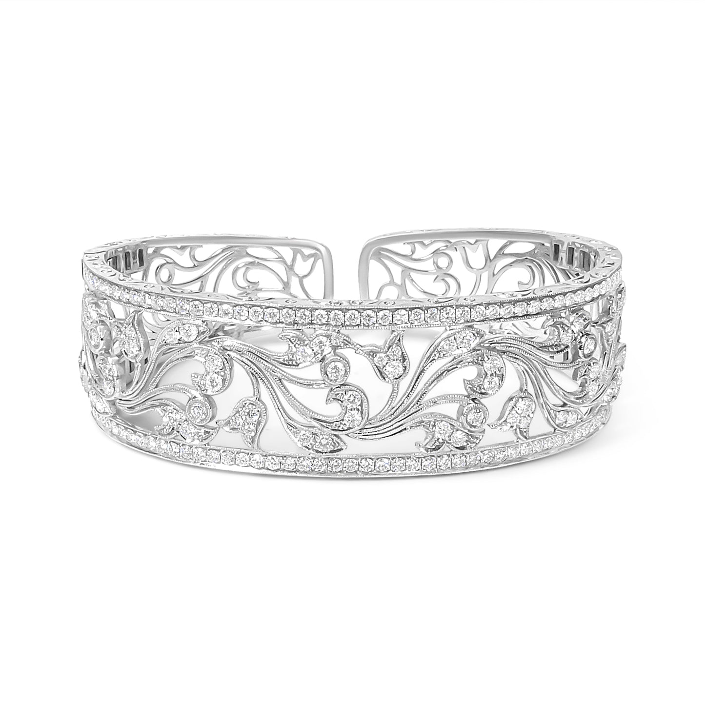 18K White Gold 3 1/4 Cttw Pave Diamond Openwork Floral Filigree Swirl Bangle Cuff Bracelet (H-I Color, VS2-SI1 Clarity) Bids.com