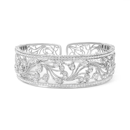 18K White Gold 3 1/4 Cttw Pave Diamond Openwork Floral Filigree Swirl Bangle Cuff Bracelet (H-I Color, VS2-SI1 Clarity) Bids.com