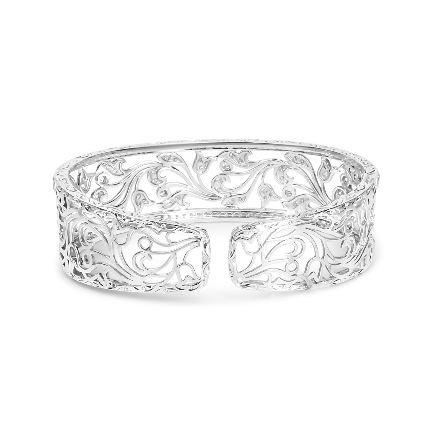 18K White Gold 3 1/4 Cttw Pave Diamond Openwork Floral Filigree Swirl Bangle Cuff Bracelet (H-I Color, VS2-SI1 Clarity) Bids.com