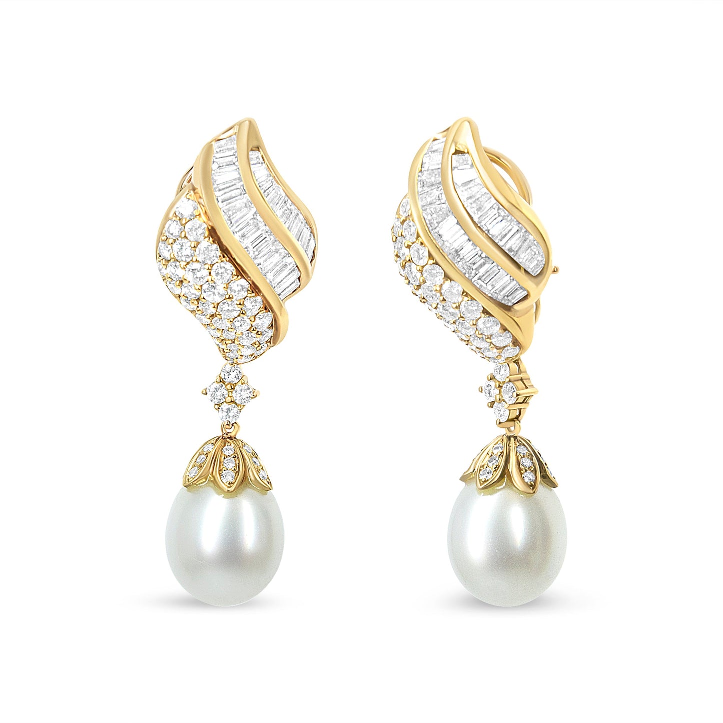 18k Yellow Gold 7.0 Cttw Baguette and Round Diamond South Sea Pearl Drop Dangle Clip-On Earrings (F-G Color, VS1-VS2 Clarity) Bids.com