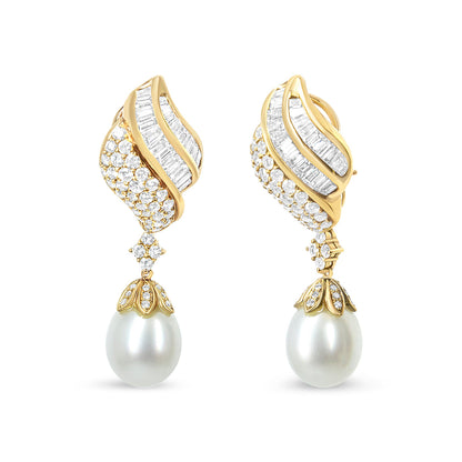 18k Yellow Gold 7.0 Cttw Baguette and Round Diamond South Sea Pearl Drop Dangle Clip-On Earrings (F-G Color, VS1-VS2 Clarity) Bids.com