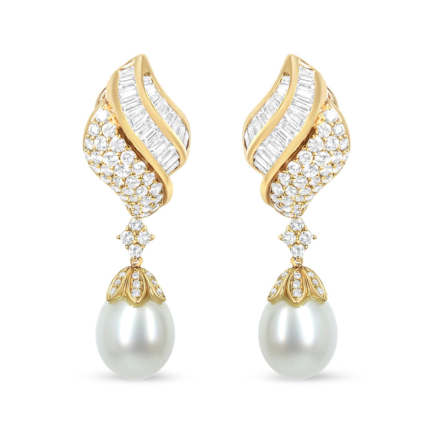 18k Yellow Gold 7.0 Cttw Baguette and Round Diamond South Sea Pearl Drop Dangle Clip-On Earrings (F-G Color, VS1-VS2 Clarity) Bids.com