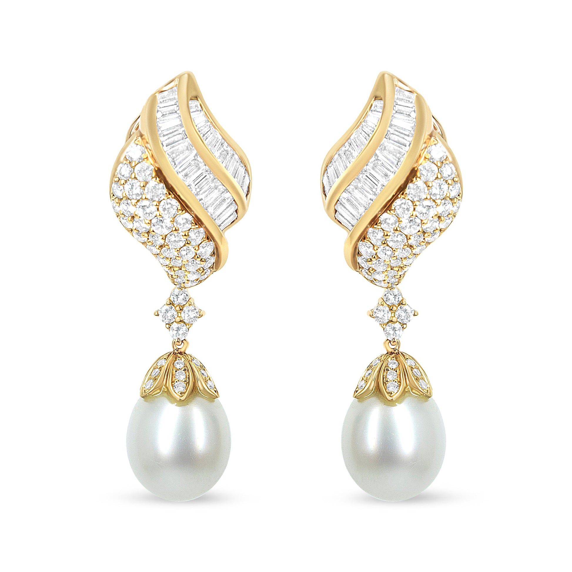 18k Yellow Gold 7.0 Cttw Baguette and Round Diamond South Sea Pearl Drop Dangle Clip-On Earrings (F-G Color, VS1-VS2 Clarity) Bids.com