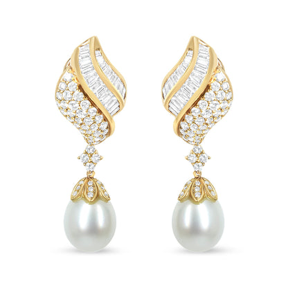 18k Yellow Gold 7.0 Cttw Baguette and Round Diamond South Sea Pearl Drop Dangle Clip-On Earrings (F-G Color, VS1-VS2 Clarity) Bids.com