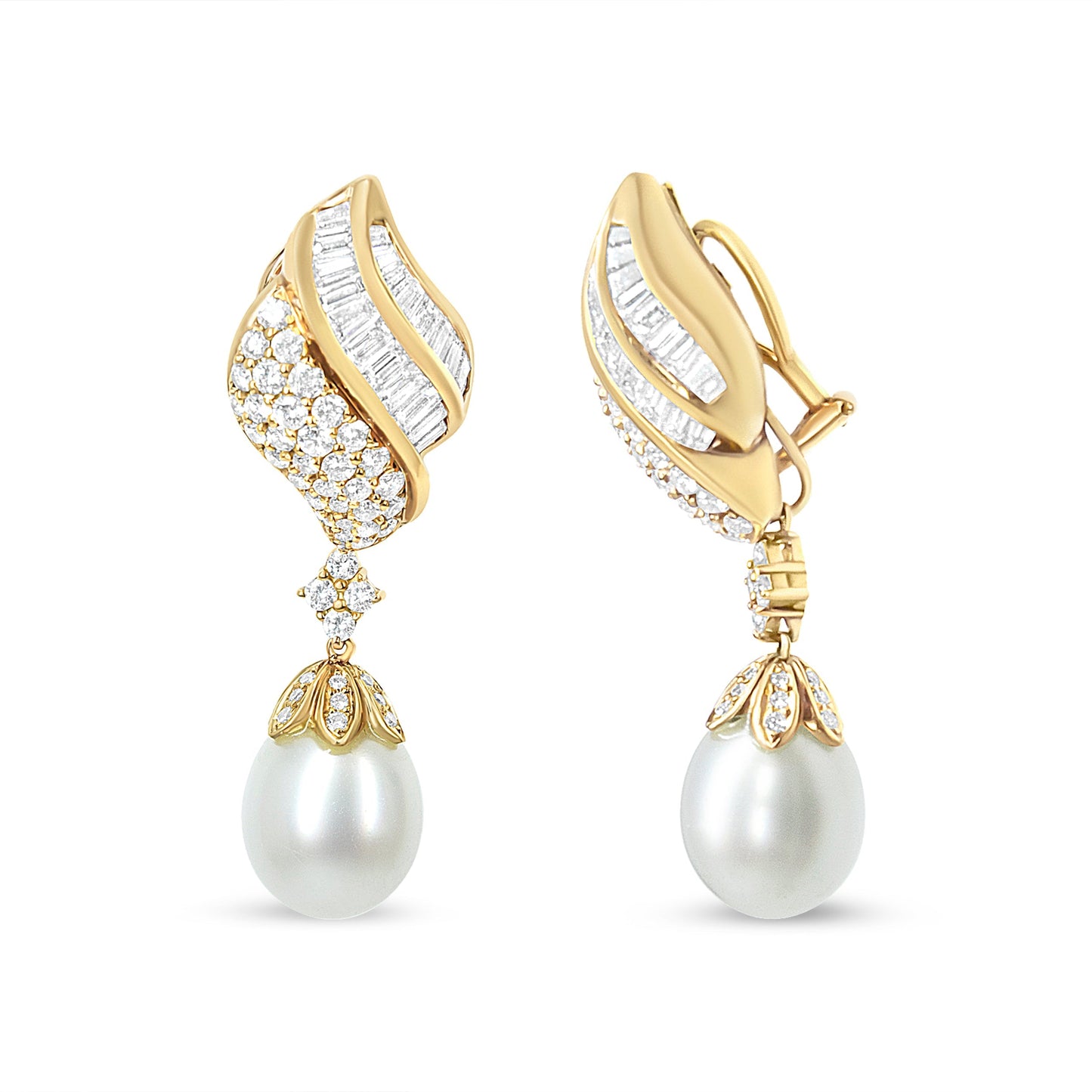 18k Yellow Gold 7.0 Cttw Baguette and Round Diamond South Sea Pearl Drop Dangle Clip-On Earrings (F-G Color, VS1-VS2 Clarity) Bids.com