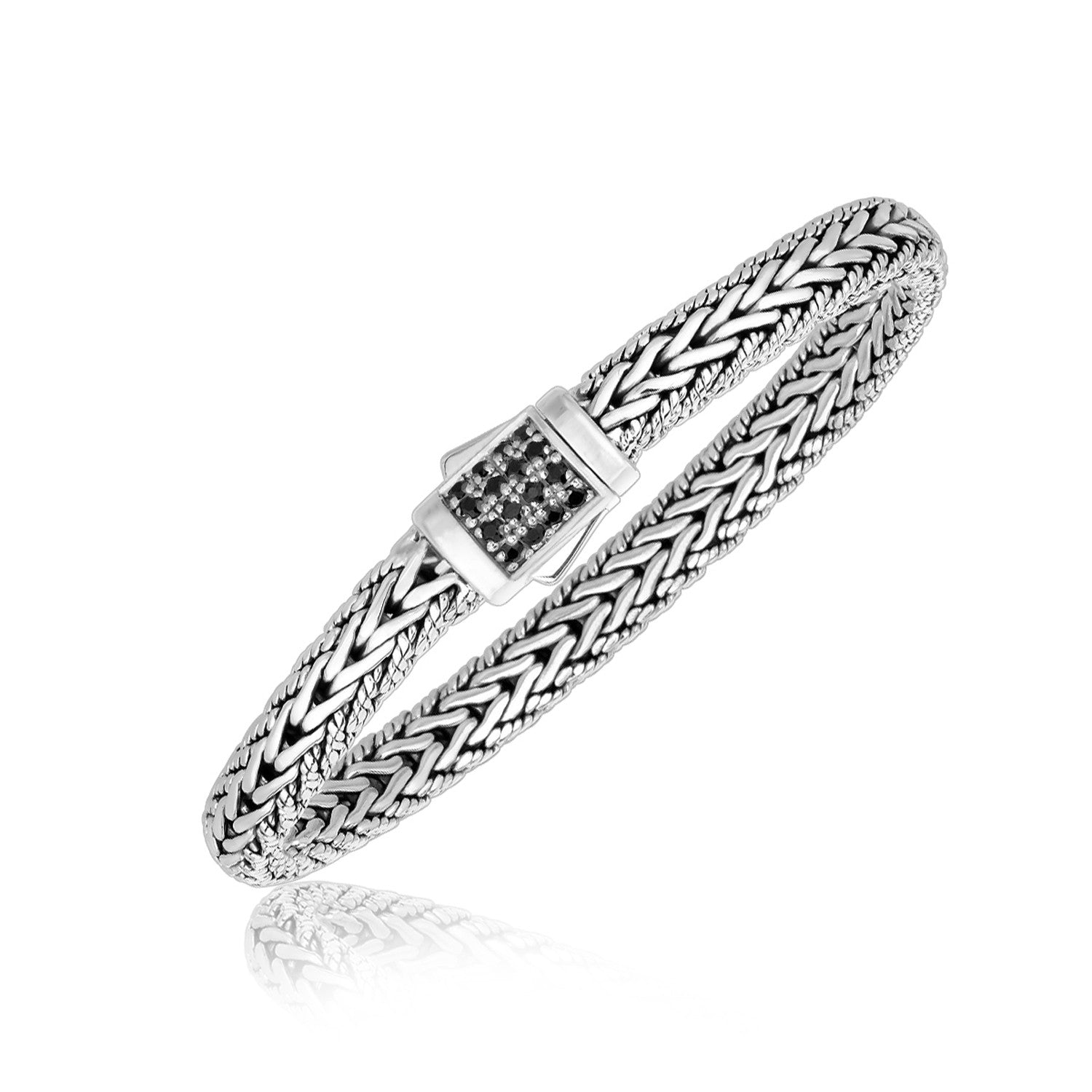 Sterling Silver Braided Style Men's Bracelet with Black Sapphire Accents Bids.com