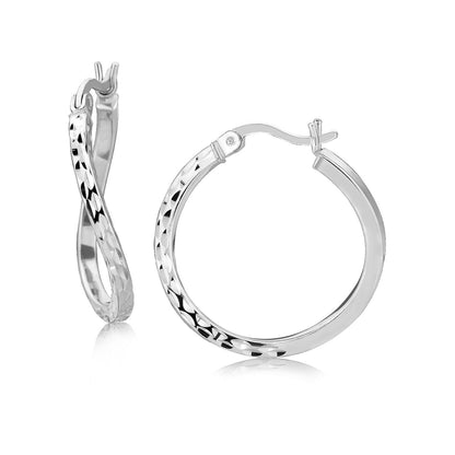 Sterling Silver Rhodium Plated Twist Style Hoop Diamond Cut Earrings (20mm) Bids.com
