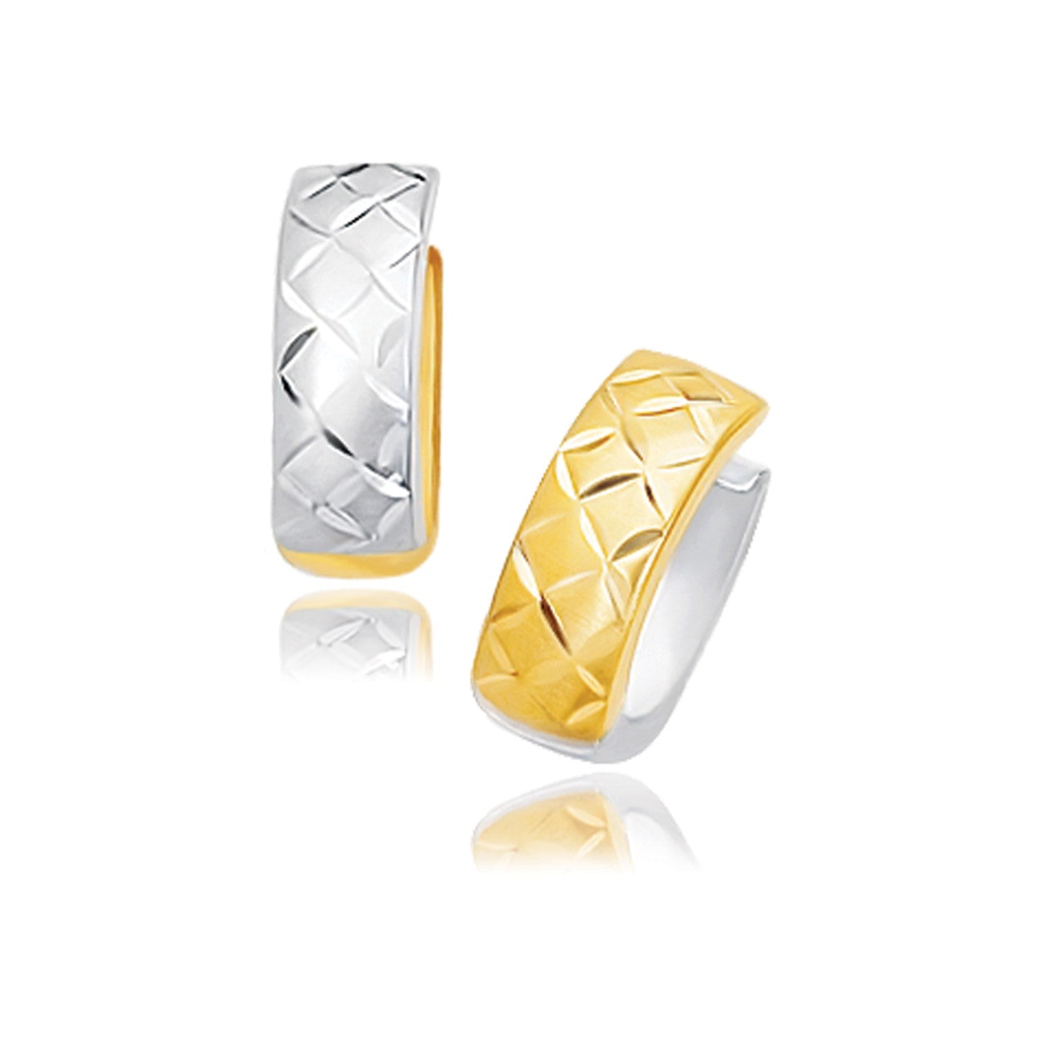 14k Two-Tone Gold Reversible Quilted Hinged Hoop Huggie Earrings Bids.com