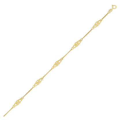 14k Yellow Gold Anklet with Fancy Diamond Shape Filigree Stations Bids.com