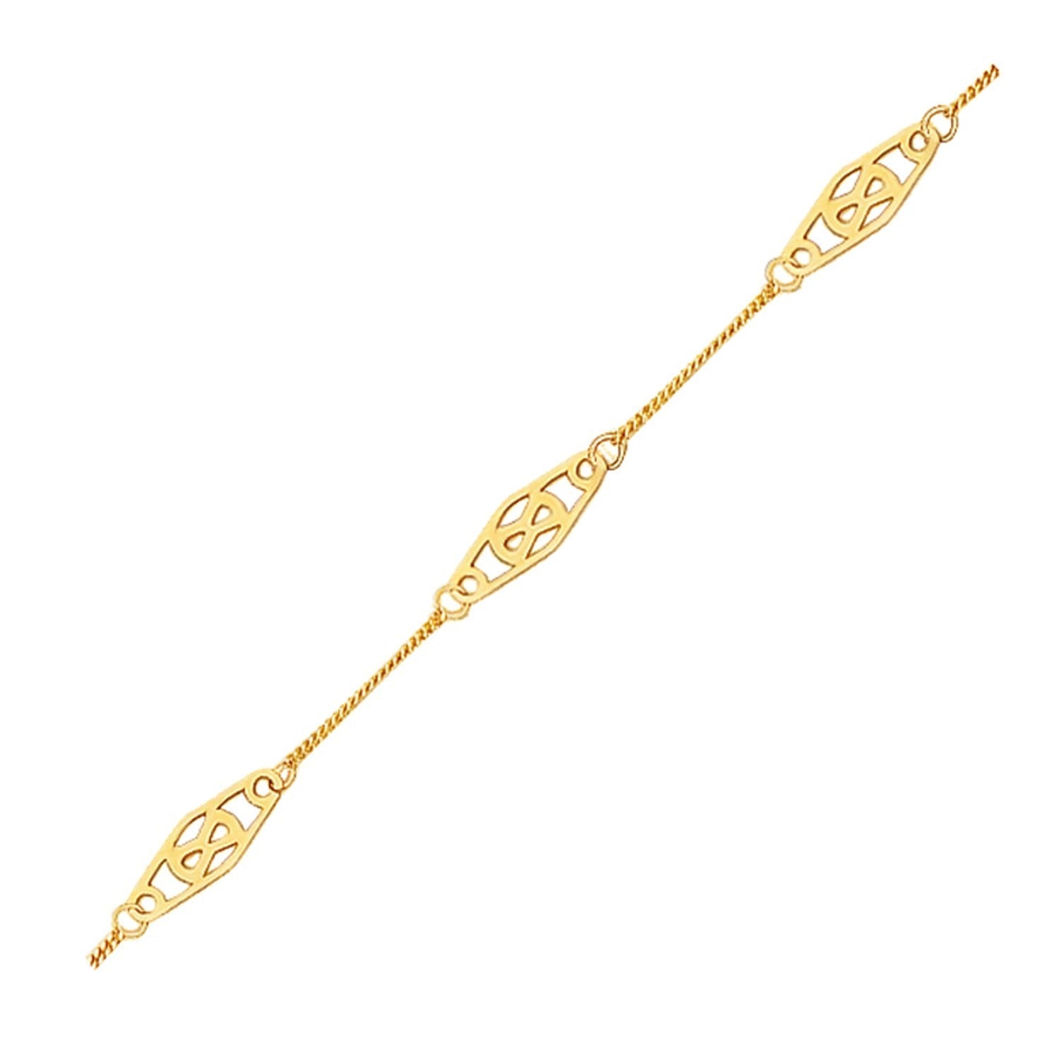 14k Yellow Gold Anklet with Fancy Diamond Shape Filigree Stations Bids.com