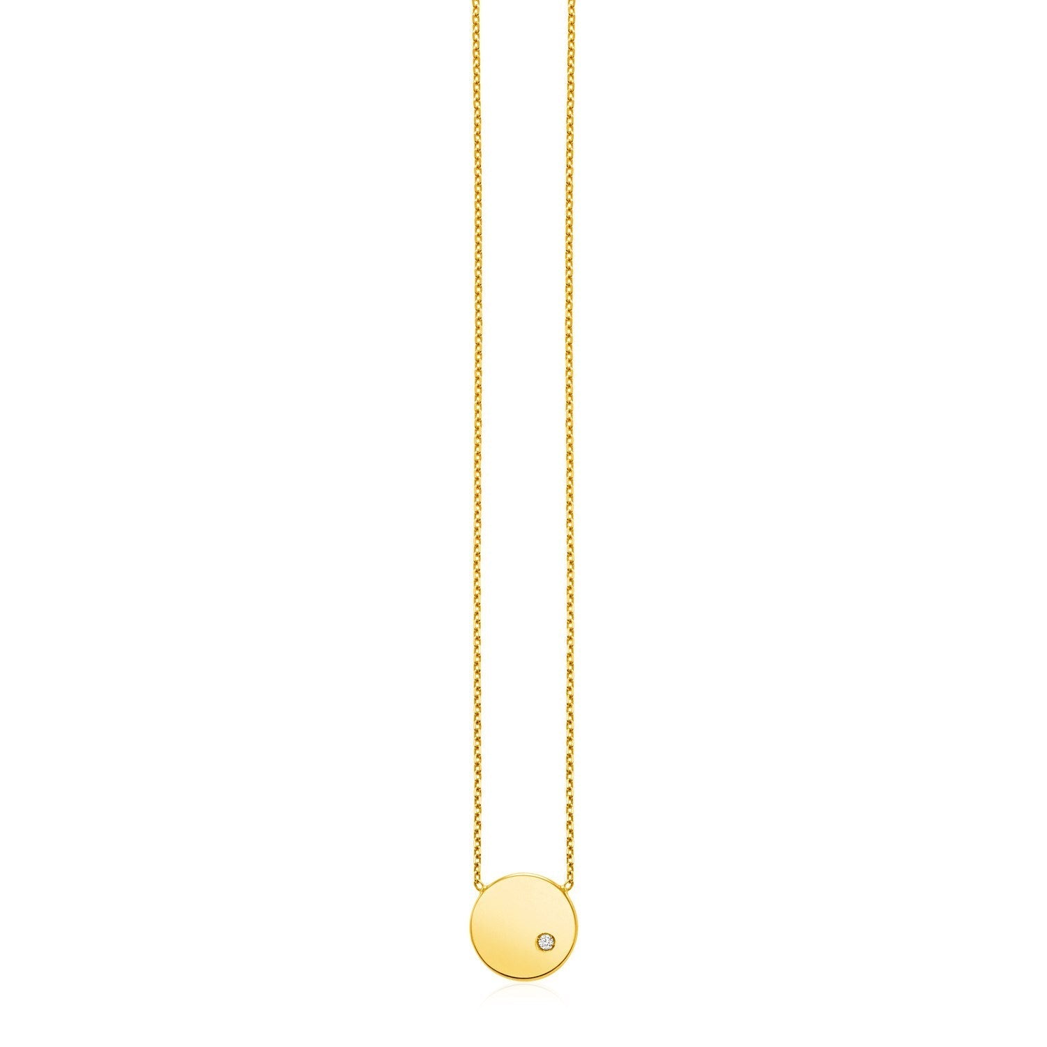 14k Yellow Gold Necklace with Polished Round Pendant with Diamond Bids.com