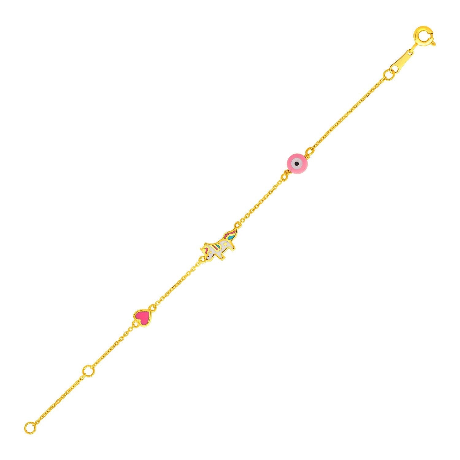 14k Yellow Gold 5 1/2 inch Childrens Bracelet with Enameled Heart Unicorn and Circle Bids.com