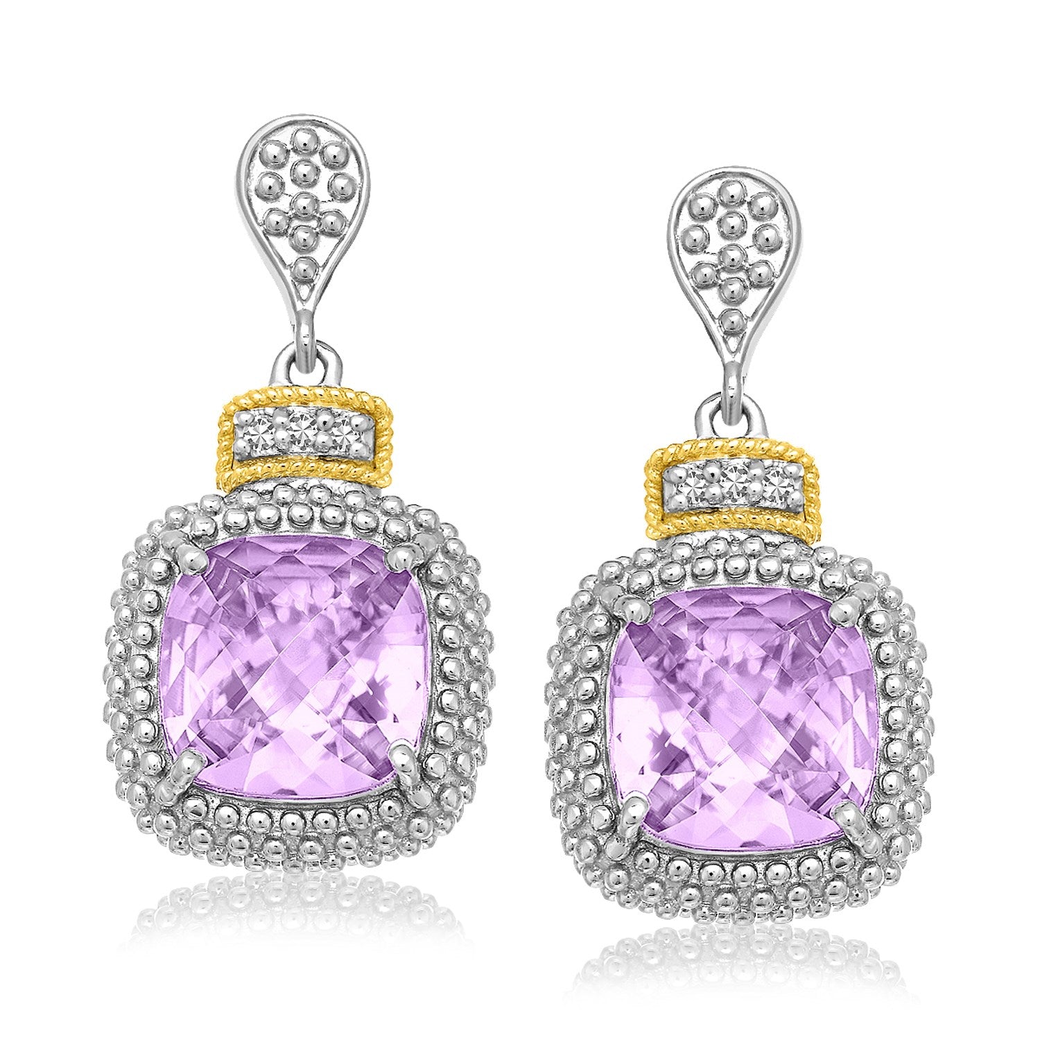 18k Yellow Gold & Sterling Silver Cushion Amethyst & Diamond Earrings (.05cttw) Bids.com