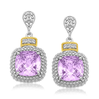 18k Yellow Gold & Sterling Silver Cushion Amethyst & Diamond Earrings (.05cttw) Bids.com