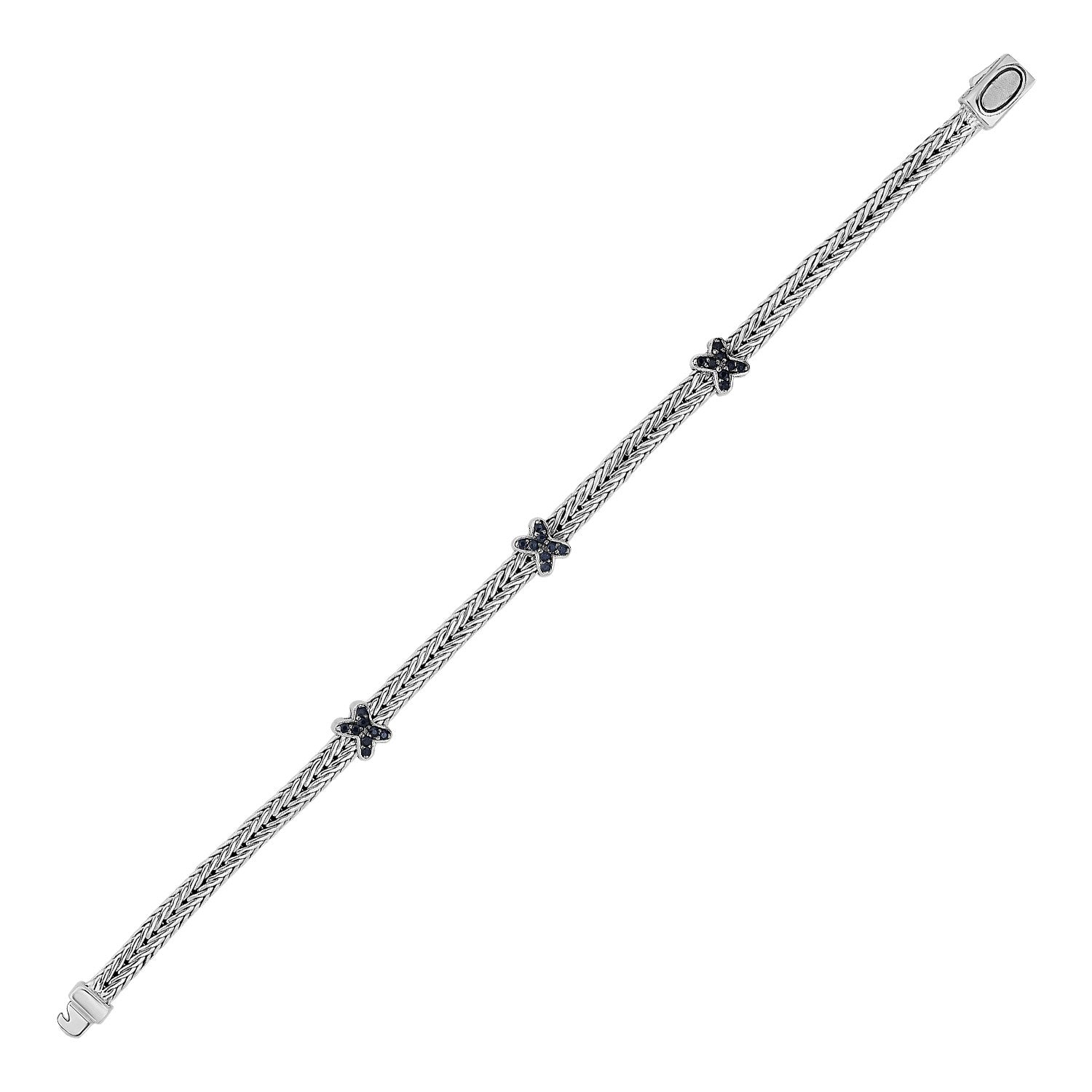 Woven Rope Bracelet with Black Sapphire X Accents in Sterling Silver Bids.com