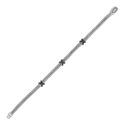 Woven Rope Bracelet with Black Sapphire X Accents in Sterling Silver Bids.com