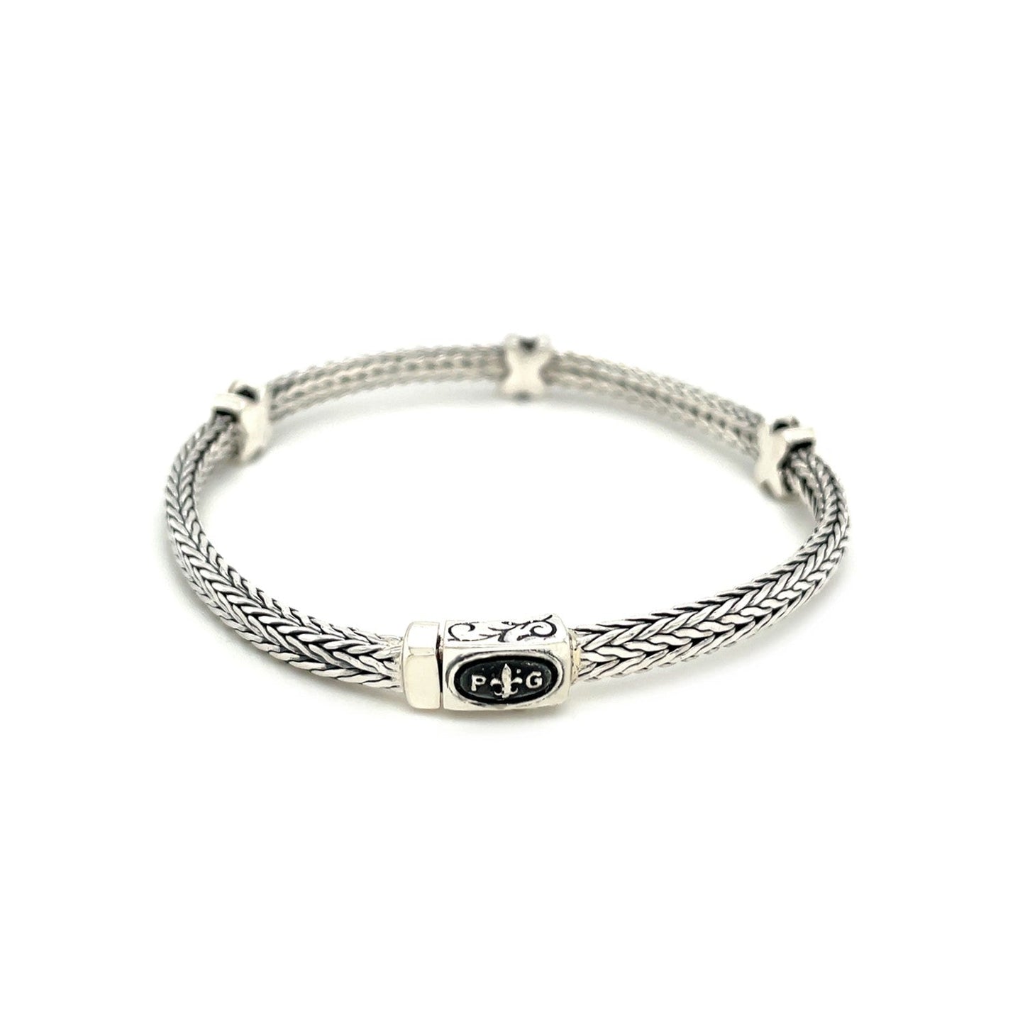 Woven Rope Bracelet with Black Sapphire X Accents in Sterling Silver Bids.com