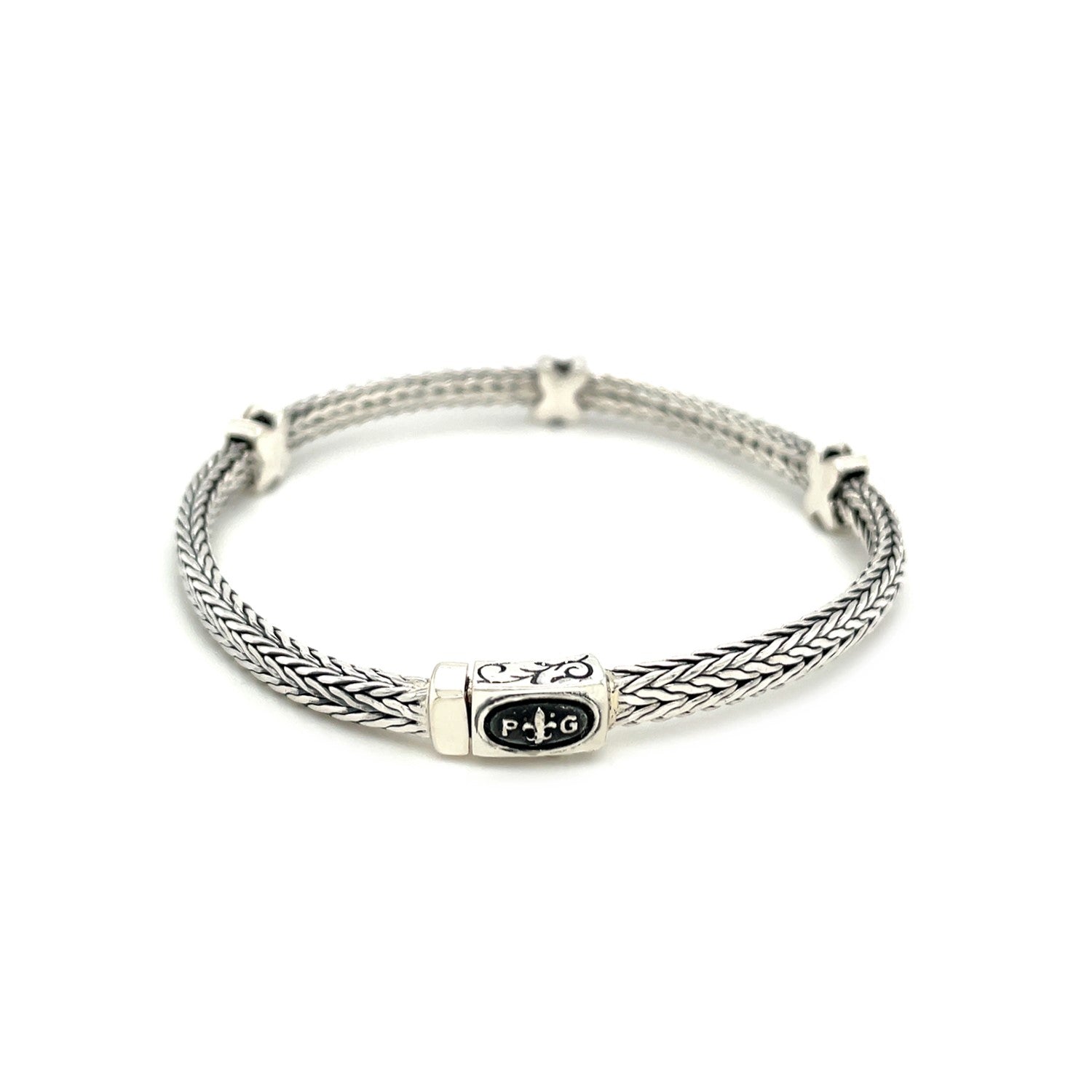 Woven Rope Bracelet with Black Sapphire X Accents in Sterling Silver Bids.com