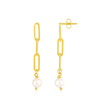 14k Yellow Gold Paperclip Chain Link Earrings with Pearls Bids.com