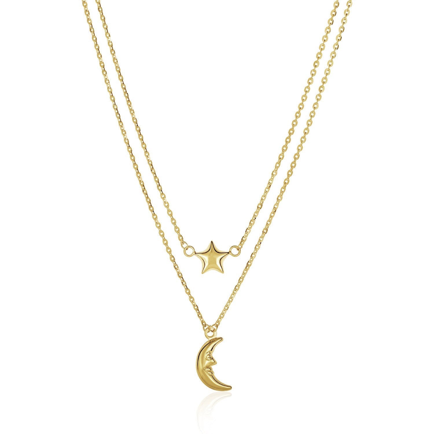 14k Yellow Gold Double-Strand Chain Necklace with Puff Moon and Star Bids.com