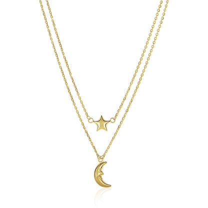 14k Yellow Gold Double-Strand Chain Necklace with Puff Moon and Star Bids.com