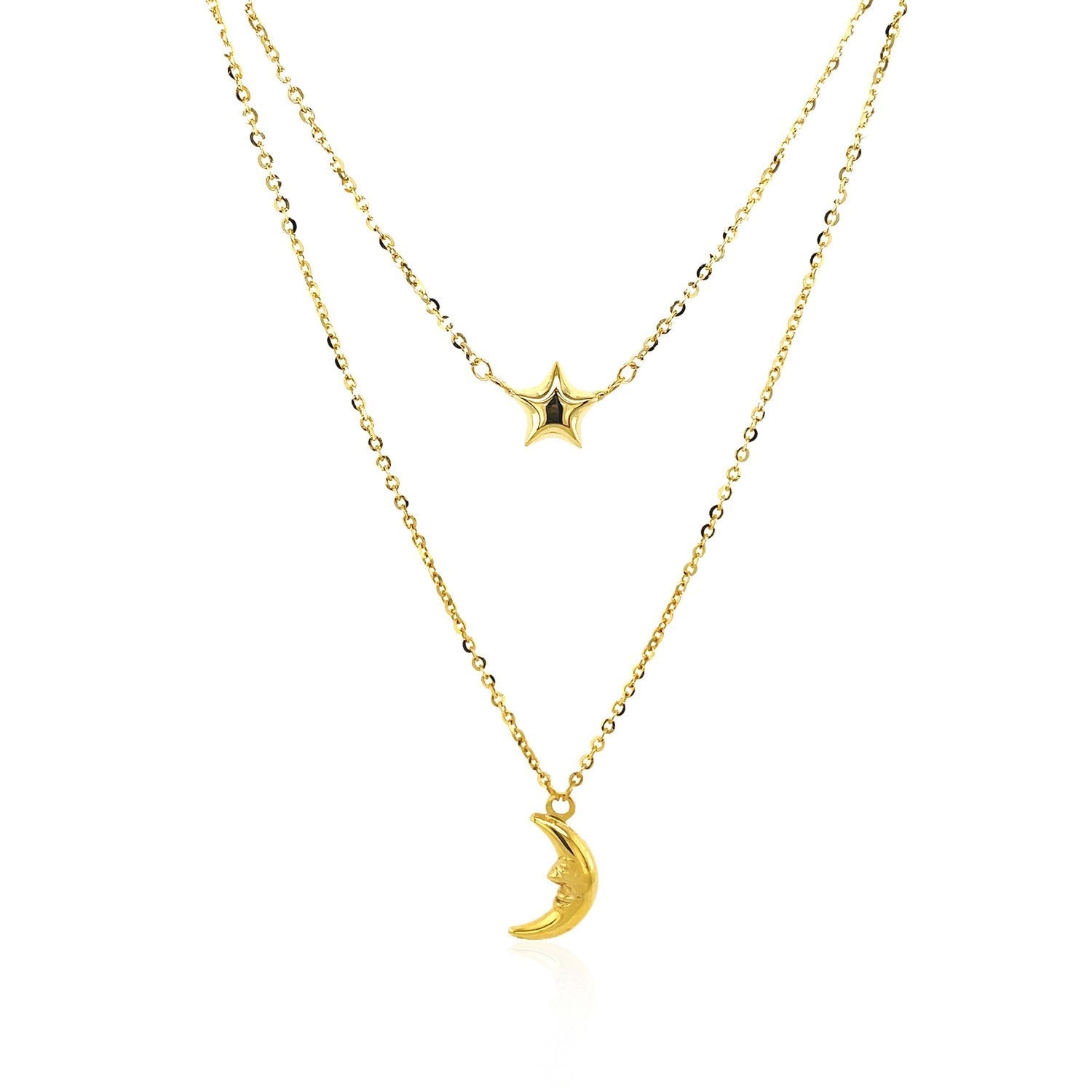 14k Yellow Gold Double-Strand Chain Necklace with Puff Moon and Star Bids.com